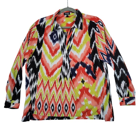 Jones New York Multicolor Chevron Popover Geometric Print L/S Top Blouse Women L - Picture 1 of 9